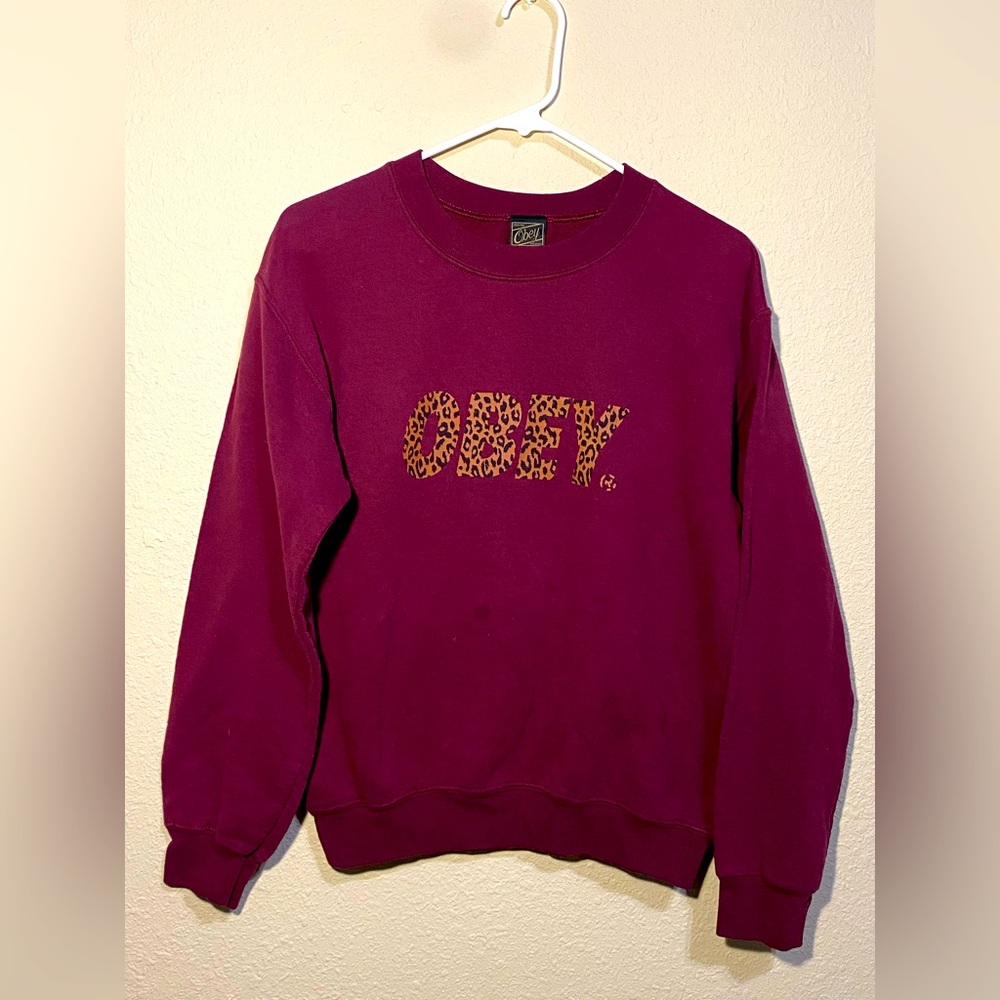 Obey Pullover Maroon Top with Cheetah Print